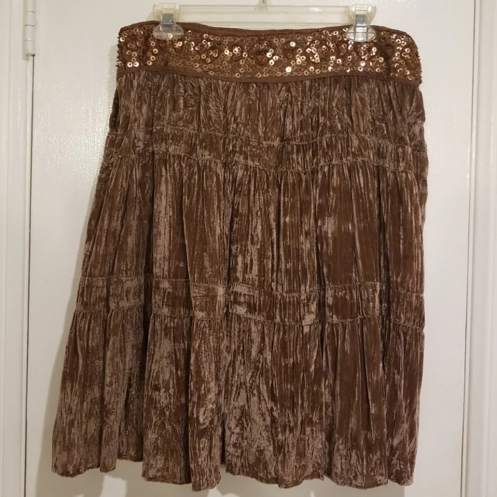 💕BCBGMAXAZRIA💕 Boho Brown Velvet Sequin Skirt - Picture 3 of 6